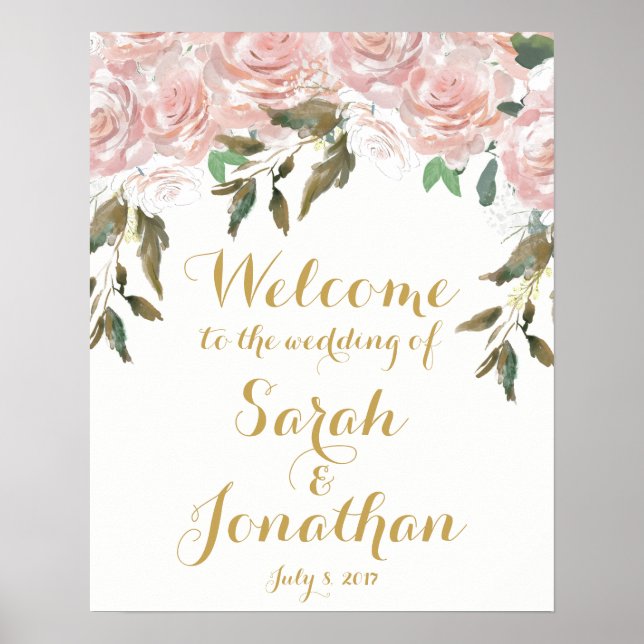 Poster Rose rose mariage floral signe d'accueil blanc (Devant)