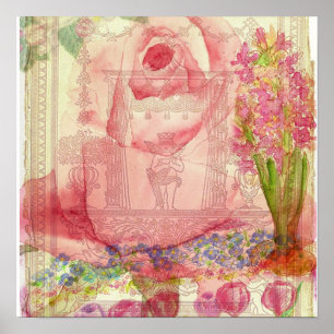 Poster Rose rose victorienne Aquarelle FleursCollage
