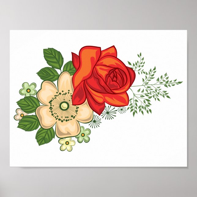 Poster Rose rouge et marguerites (Devant)