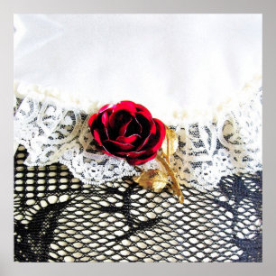 Poster Rose rouge romantique et dentelle blanche