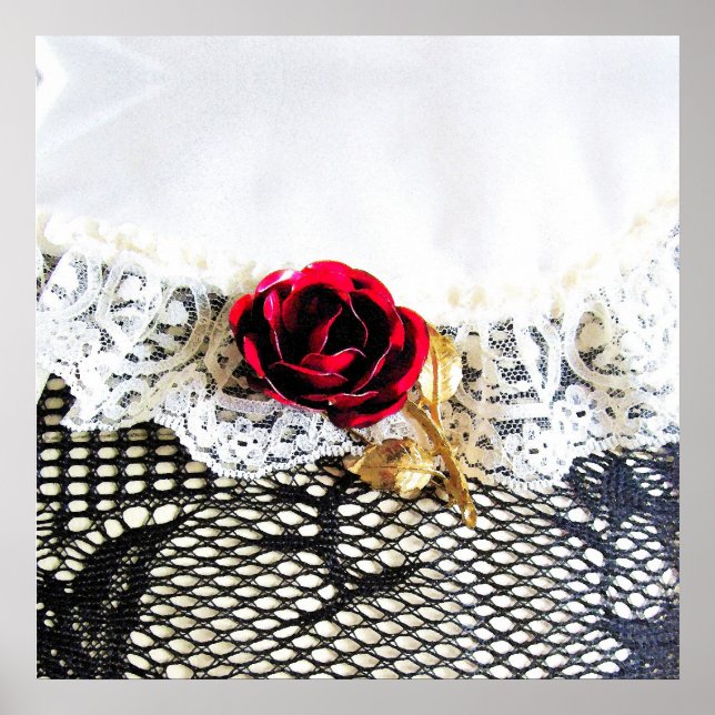Poster Rose rouge romantique et dentelle blanche (Devant)