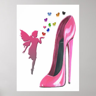 Poster rose Stiletto Chaussure, Fée et Coeurs