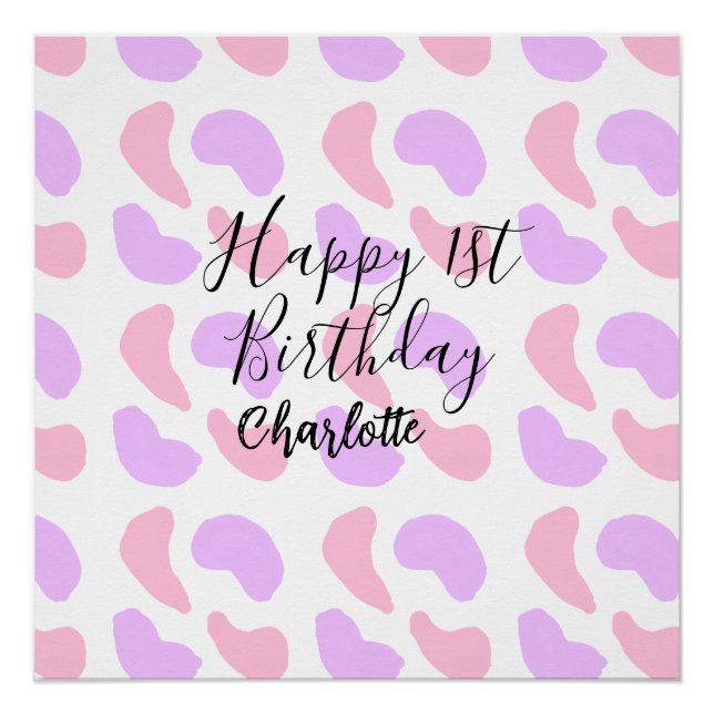 Poster Rose violet abstrait formes heureux 1er anniversai (Devant)