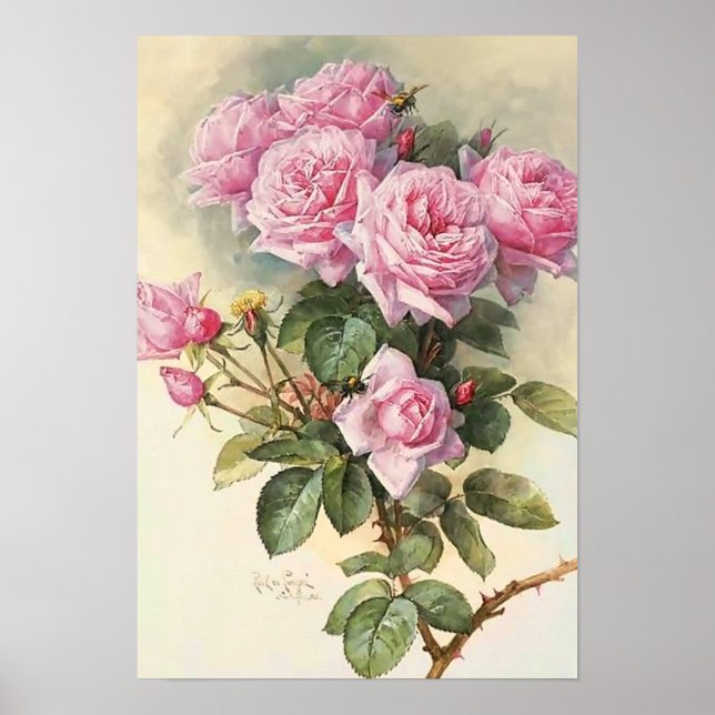 Poster Roses and Bumblebees Paul de Longpre Fine Art (Devant)