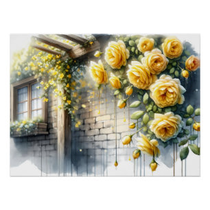 Poster Roses d'or sur le mur en pierre rustique