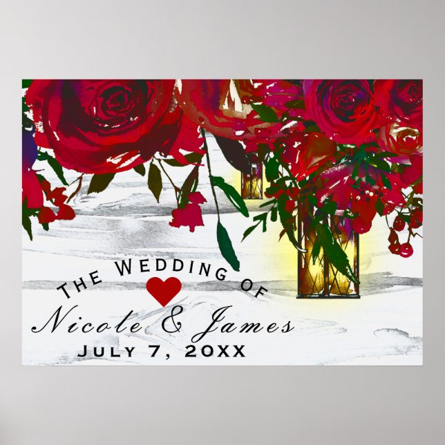 Poster Roses et Lanterne de mariage à l'aquarelle rouge r (Devant)