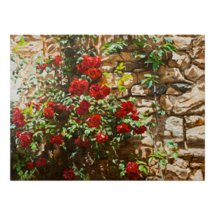 Poster Roses rouges contre un mur de pierre