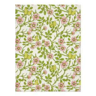 Poster Roses sauvages et papillons /rose/vert pâle/jaune