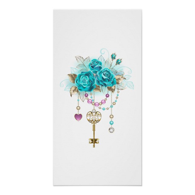 Poster Roses turquoise avec touches (Devant)