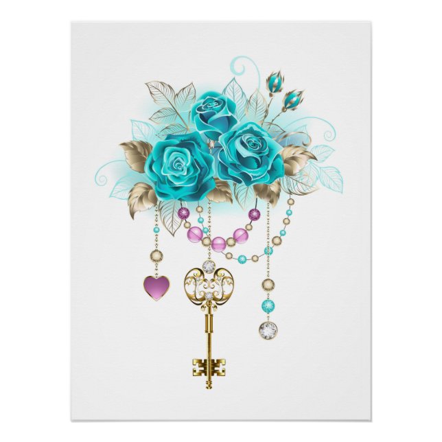 Poster Roses turquoise avec touches (Devant)