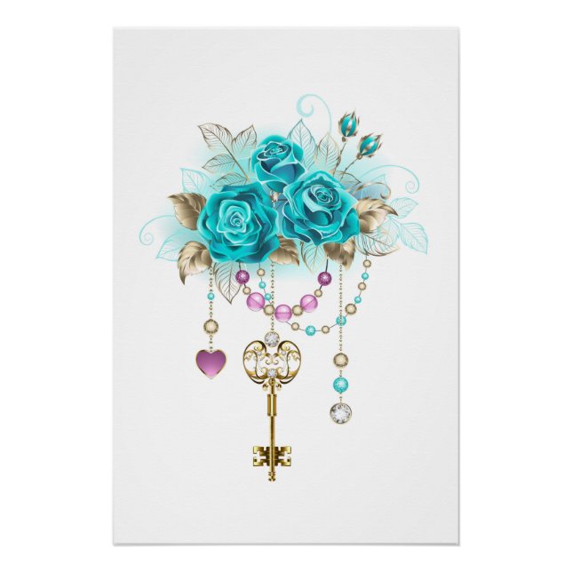 Poster Roses turquoise avec touches (Devant)