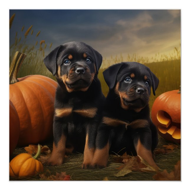 Poster Rottweiler Chiot Automne Citrouille de plaisir (Devant)