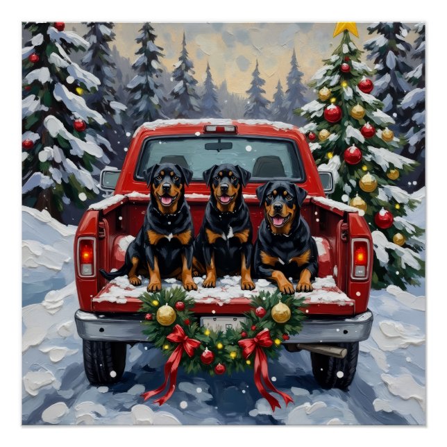 Poster Rottweiler Christmas Red Truck Holiday (Devant)