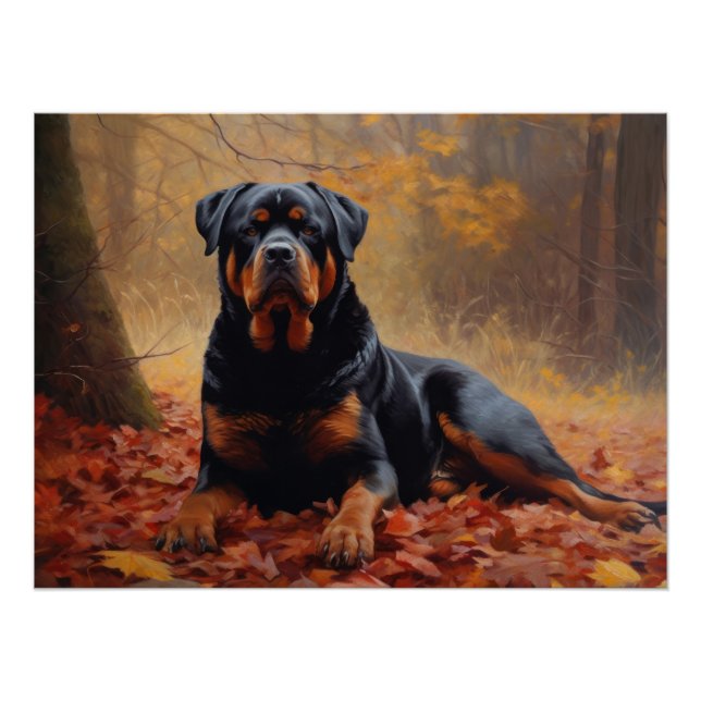 Poster Rottweiler dans les feuilles d'automne automne aut (Devant)