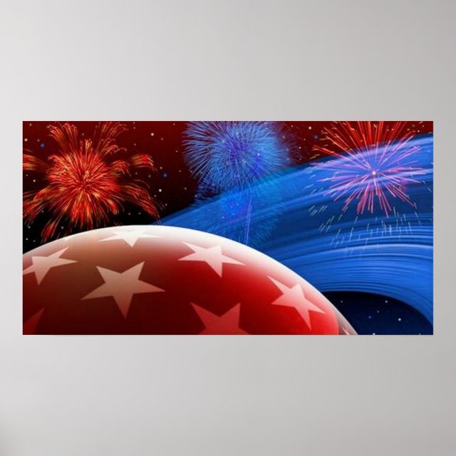 Poster Rouge Blanc Bleu Étoiles et feux d'artifice (Devant)
