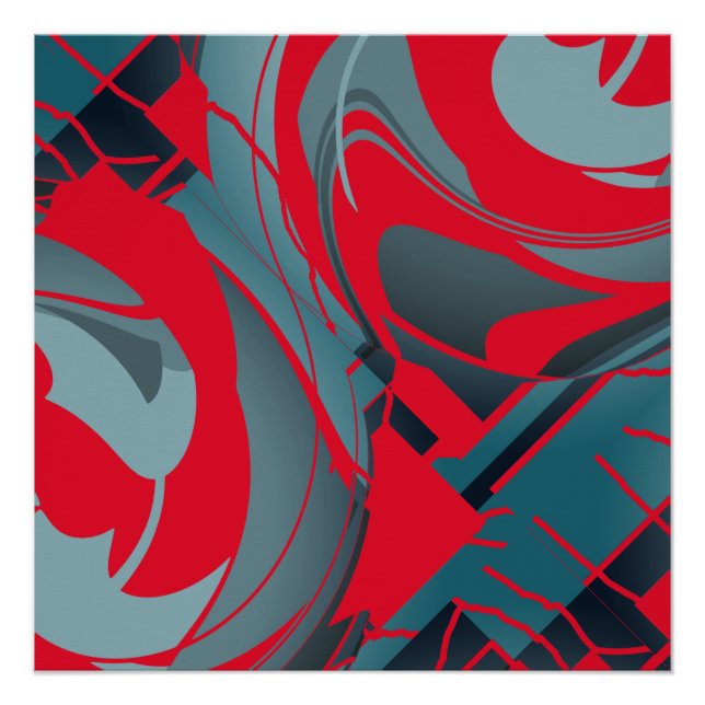 Poster Rouge brillant avec Formes gris-vert de mer (Devant)