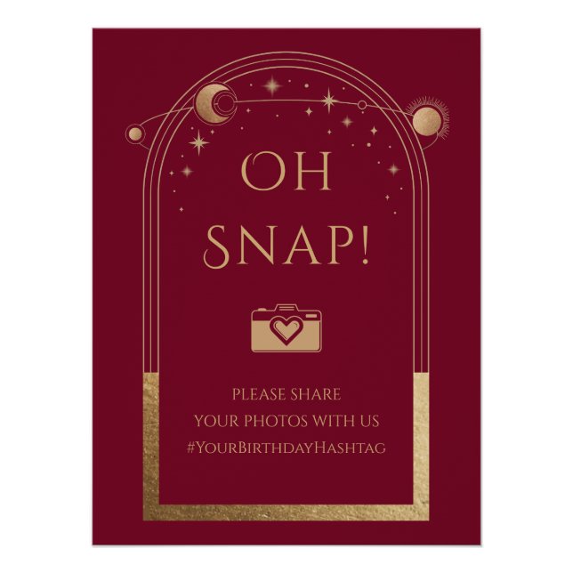 Poster Rouge céleste Or Soleil Lune Étoiles Oh Snap (Devant)