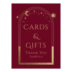 Poster Rouge Celeste Or Soleil Lune Stars Cartes et Cadea