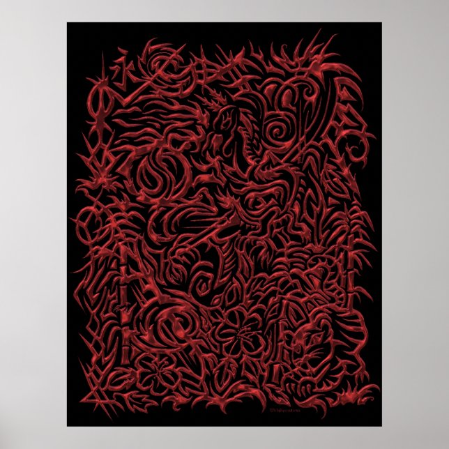 Poster rouge Chrome Oriental Tribal Tattoo (Devant)