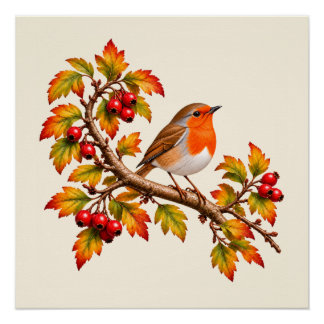 Poster Rouge-gorge automnal motif botanique d'oiseau