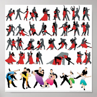 POSTER ROUGE NOIR SALLE DE BALLON DANSEURS COLORÉS DANSE