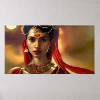 Poster rouge rouge or asiatique femme indienne