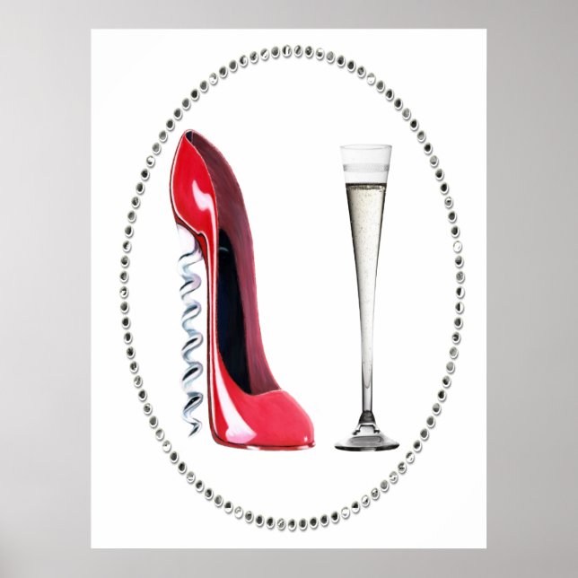 Poster Rouge Stiletto Chaussure et Flute Champagne (Devant)