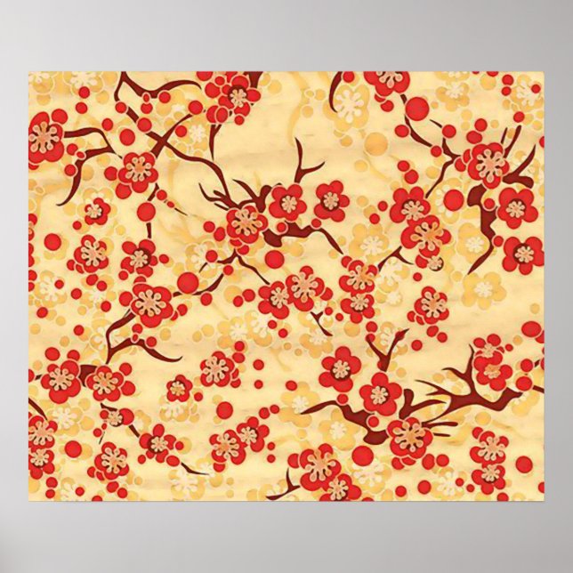 Poster Rouge sur Sakura Jaune Fine Vintage Floral japonai (Devant)