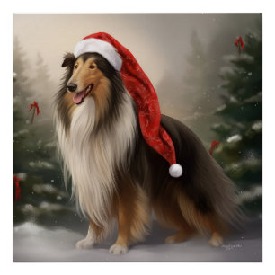 Poster Rough Collie Chien dans la neige Noël