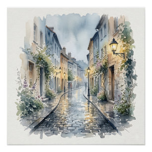 Poster Rue européenne en pavés de galets à jour de pluie 