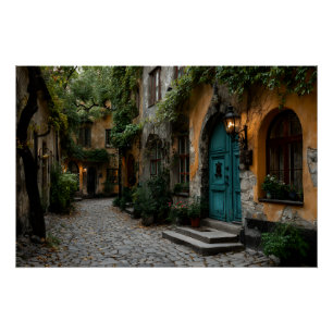Poster Ruelle de pavés charmante avec lueur de lanterne d