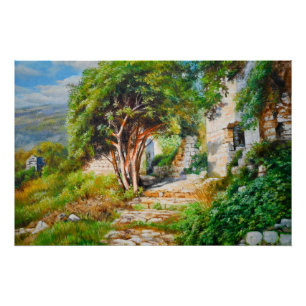 Poster Ruines anciennes avec arbre éclairé - Peinture à l