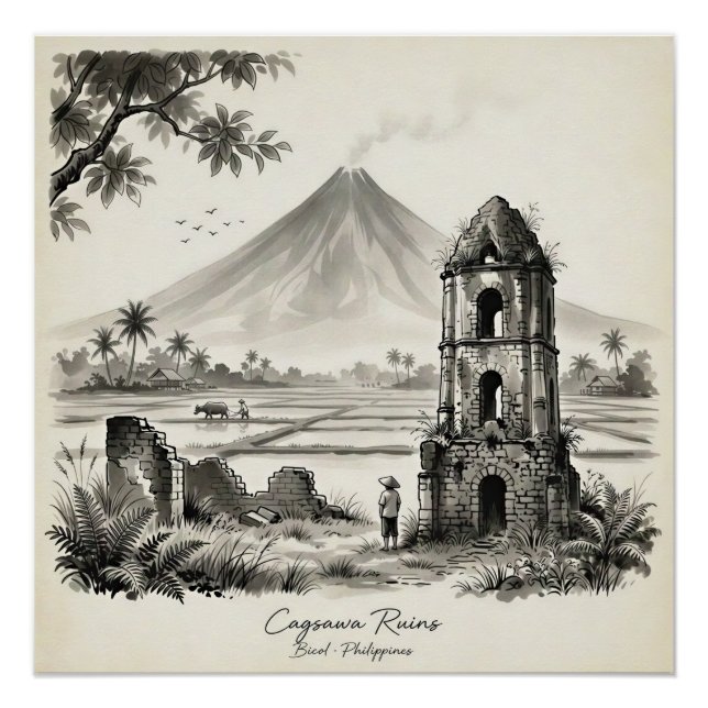 Poster Ruines de Cagsawa & Volcan Mayon Philippines (Devant)