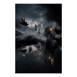 Poster Ruines gothiques flottantes Miroir cosmique Nuit
