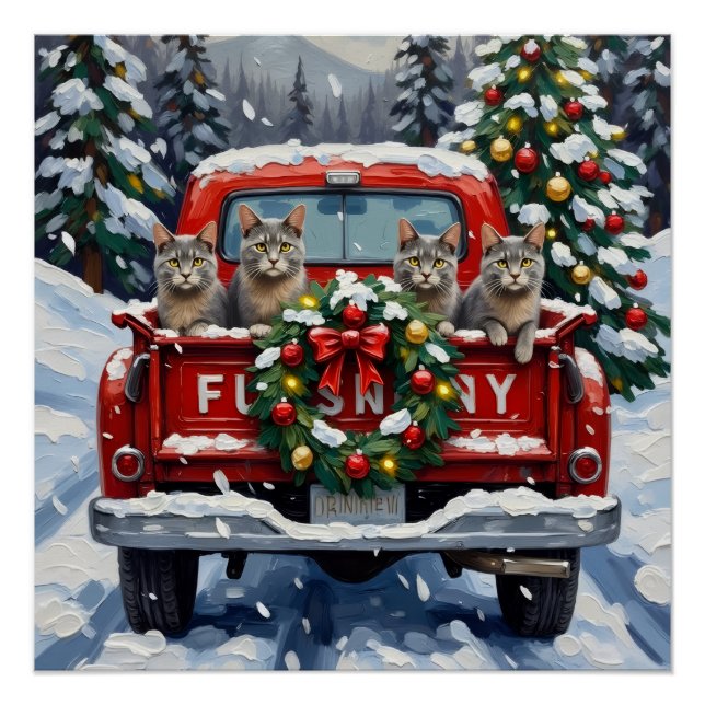 Poster Russian Blue Cat Christmas Red Truck Holiday (Devant)
