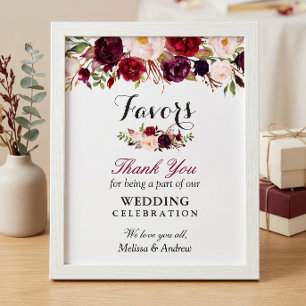 Poster Rustic Burgundy Floral Wedding Favors Thank You