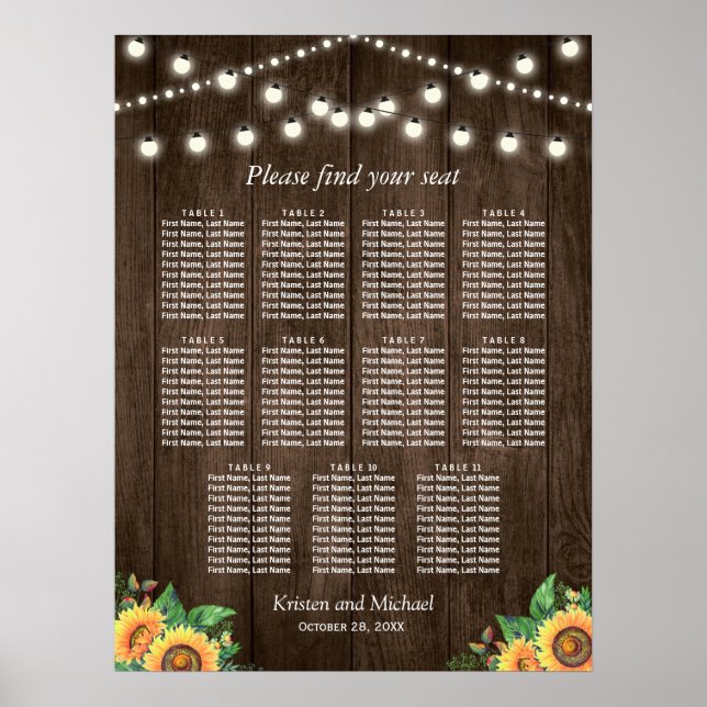 Poster Rustic Sunflowers 11 Tables Wedding Seating Chart (Devant)