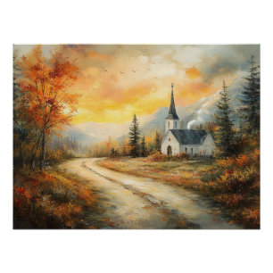 Poster Rustique église d'automne aquarelle peinture