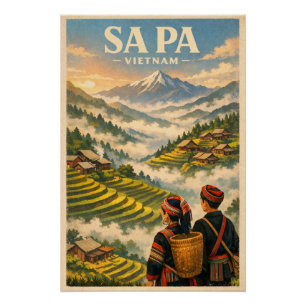 Poster Sa Pa ville, Vietnam, dans un classique rétro