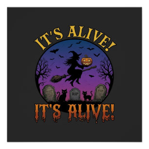 Poster Sa Sorcière d'Halloween Citrouille Chat Noir Tombe