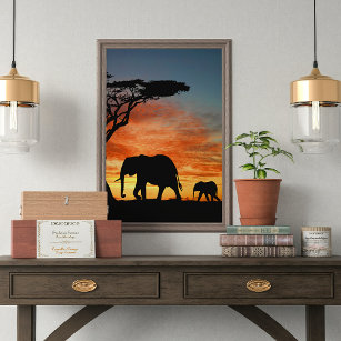 Poster Safari Afrique Sunset Elephant Silhouette Art