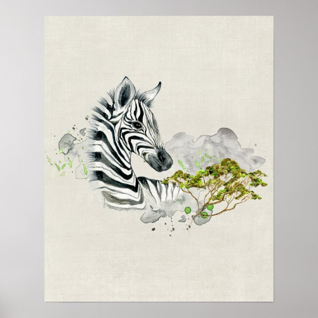 Poster Safari Zebra Avec Aquarelle Savannah Arbre Vert (Devant)