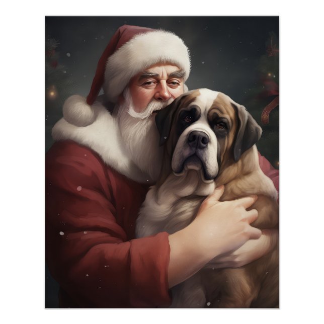 Poster Saint-Bernard avec le Père Noël Festif de Noël (Devant)