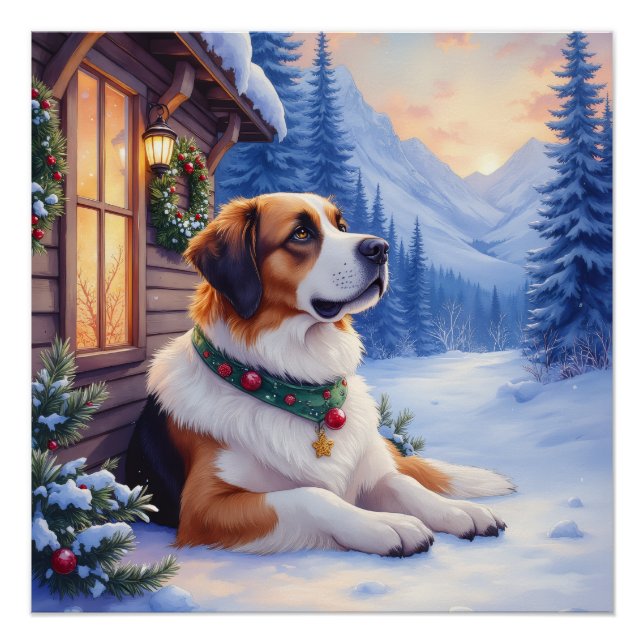 Poster Saint Bernard Snowy Mountain Lodge Christmas Dog (Devant)