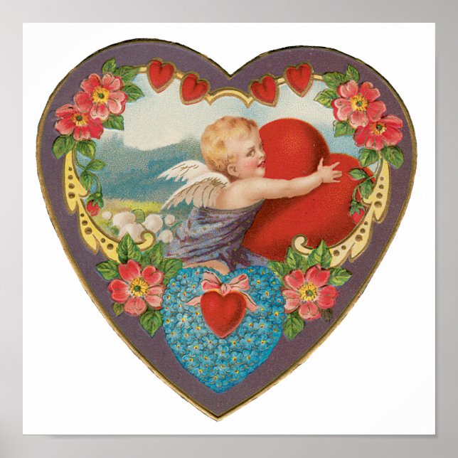 Poster Saint Valentin vintage, Coeurs Cherub victoriens (Devant)