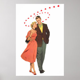 Poster Saint-Valentin vintage, cœurs flottants romantique