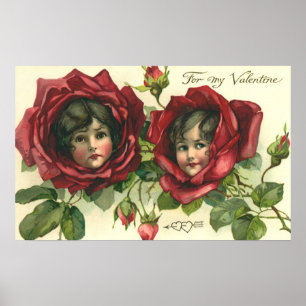 Poster Saint Valentin vintage, Visages victoriens en Rose