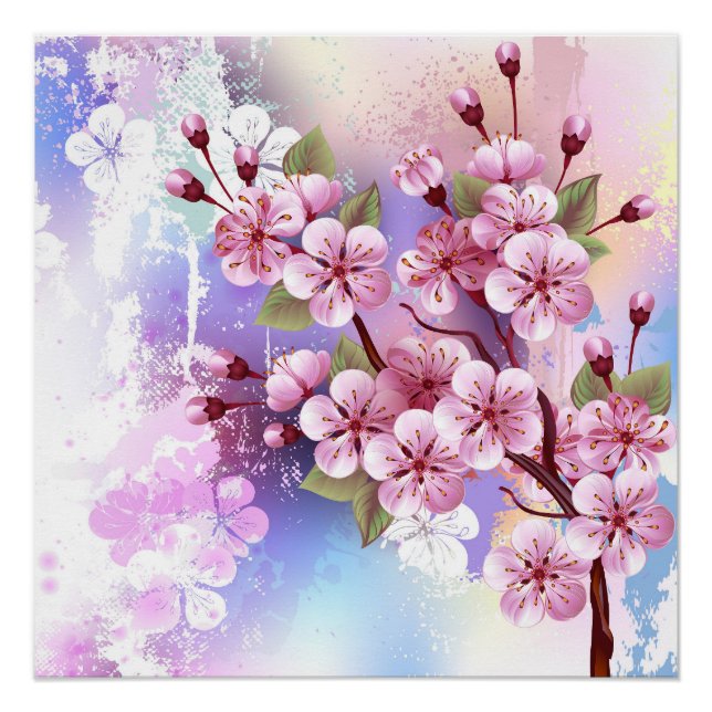 Poster Sakura rose sur la peinture Arrière - plan (Devant)