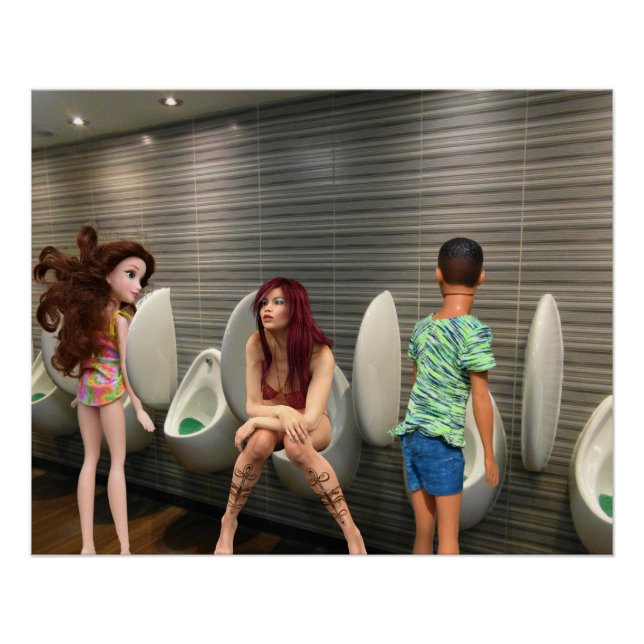 Poster Salle de toilettes mixtes pour femmes. (Devant)