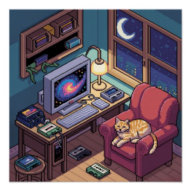 Poster Salle Rétro en Pixel Art Lofi de Minuit (Devant)